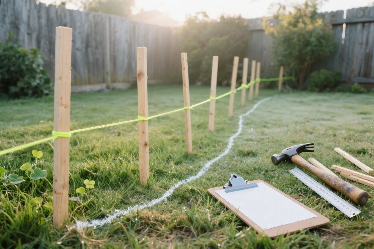 Vorbereitungsarbeiten für Beeteinfassung anlegen im Garten. Abgesteckte Fläche, Holzpfosten, Werkzeuge und Markierungsschnur für den Bau einer Beetumrandung.